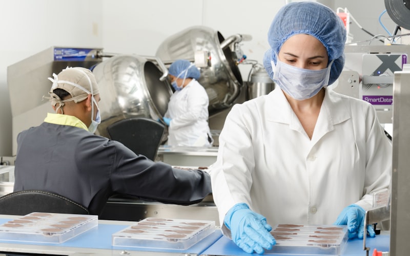 Pharmaceutical manufacturing &mdash; workers in cleanroom preparing medicine packaging